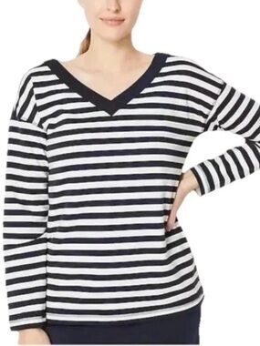 J Jill Striped Double V-Neck Sweatshirt Top - Navy & White Plus Size Medium EUC